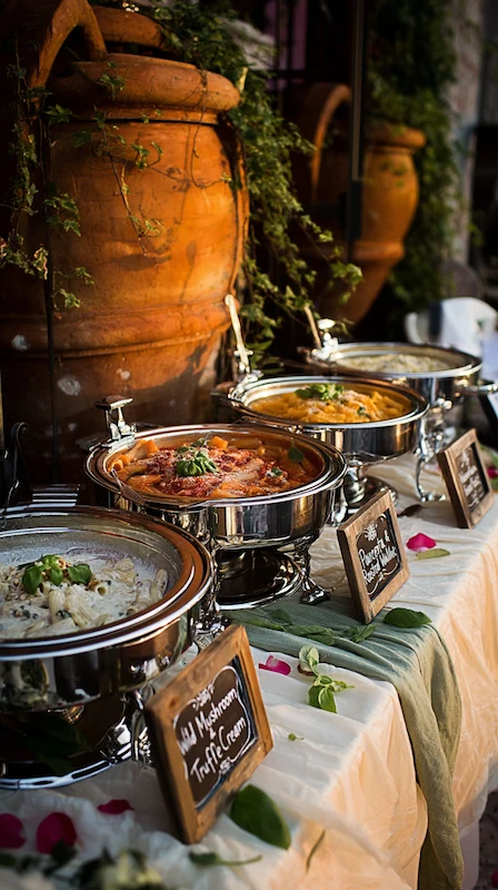 25 Wedding Pasta Bar Ideas Your Guests Will Obsess Over 12 Elegant Italian wedding pasta buffet with chafing dishes, labeled sauces and rustic decor set against large terracotta urns