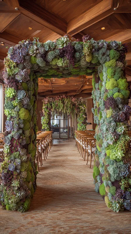 Living succulent wedding ceremony arch with lush moss and rosette succulents framing aisle with wooden chairs in rustic venue
