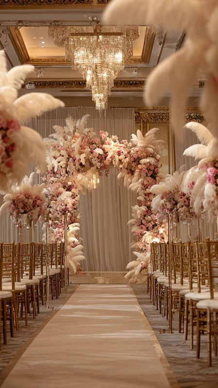 Luxury ballroom wedding ceremony aisle with pink floral arch, pampas grass arrangements and crystal chandelier above gold chairs