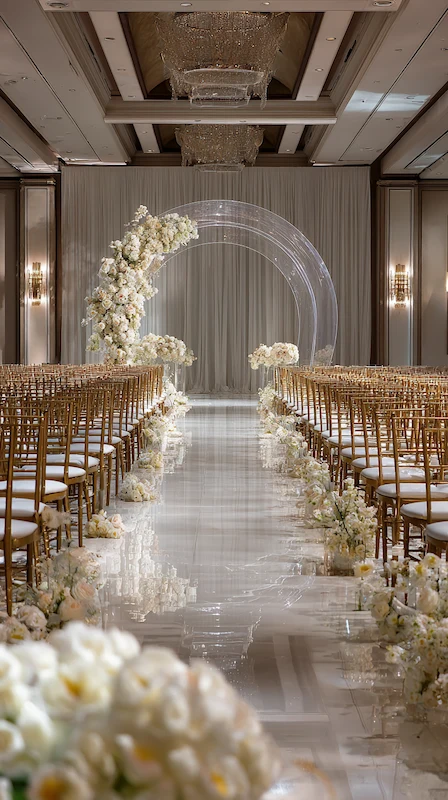 Luxury ballroom wedding ceremony with clear acrylic arch, white floral arrangements, gold Chiavari chairs, and a glossy aisle.