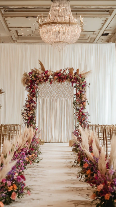 Elegant wedding ceremony aisle with colorful floral arch, pampas grass arrangements and crystal chandelier ballroom venue