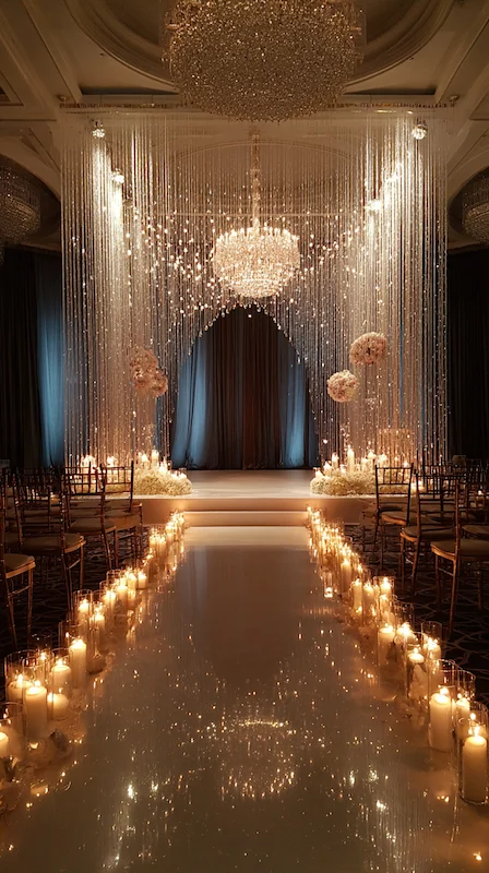 Luxury wedding ceremony aisle with candlelit path, crystal curtain backdrop, and grand chandelier in an elegant ballroom.
