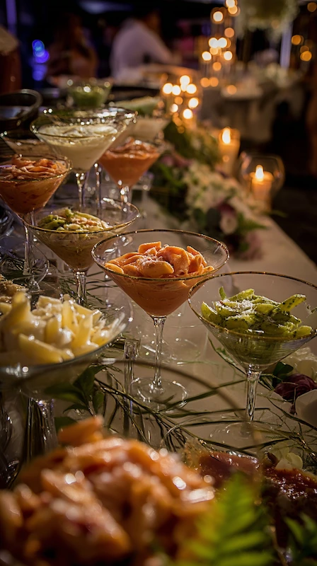 25 Wedding Pasta Bar Ideas Your Guests Will Obsess Over 5 Luxury wedding pasta martini bar with assorted pasta served in glasses, candlelit ambiance and elegant reception display
