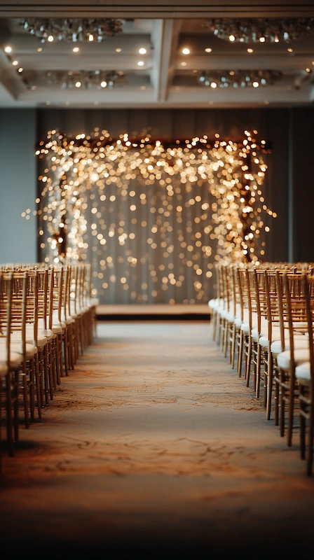 Modern ballroom wedding ceremony aisle with gold Chiavari chairs and sparkling fairy light backdrop for a romantic altar.