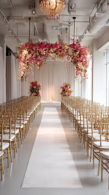 Bright modern wedding ceremony aisle with hanging pink floral installation, gold Chiavari chairs, and white draped backdrop.