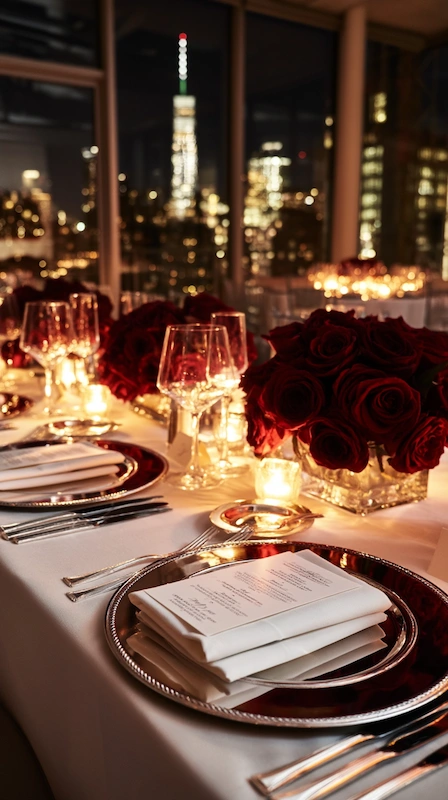 Elegant NYC wedding table with red roses, candlelight, and skyline view, featuring a One World Trade Center backdrop at night