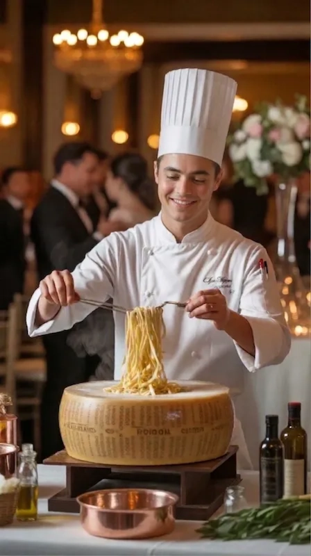 25 Wedding Pasta Bar Ideas Your Guests Will Obsess Over 2 Chef tossing pasta in a Parmesan wheel at a wedding reception station, guests in background, warm lighting and upscale ambiance