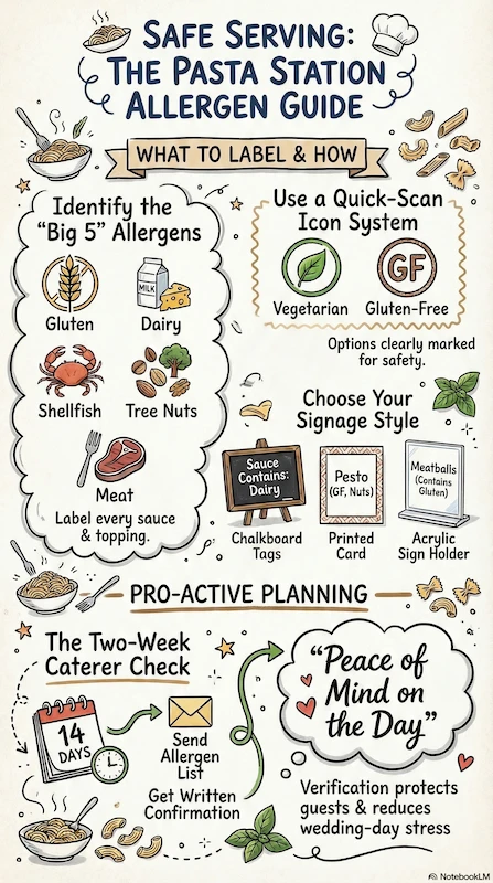 25 Wedding Pasta Bar Ideas Your Guests Will Obsess Over 21 Pasta station allergen guide infographic showing gluten, dairy, nuts, icons, labeling tips, and wedding buffet safety signage