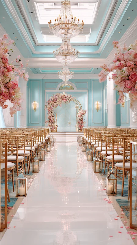 Pastel blue ballroom wedding ceremony with gold Chiavari chairs, pink floral arch, crystal chandeliers, and candlelit aisle.