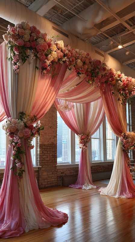 Romantic pink draped wedding ceremony arch with cascading silk fabric and lush flowers in a sunlit loft venue