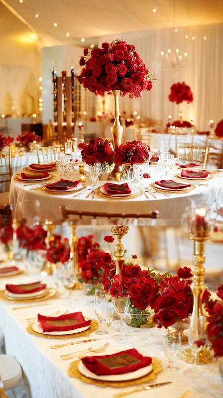 Elegant red and gold wedding reception table with tall rose centerpieces, gold accents, candles, and luxe place settings