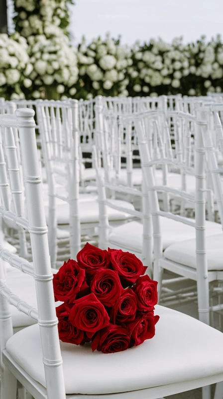 Red rose bridal bouquet on white chiavari chair at outdoor wedding ceremony with all-white aisle and floral backdrop