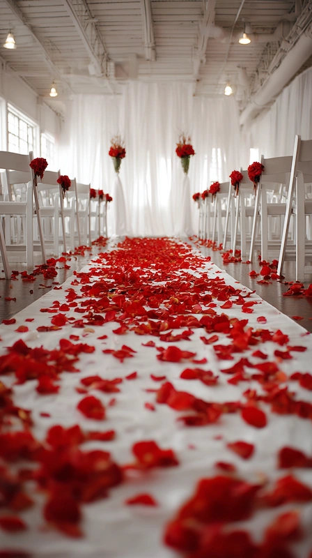 White wedding aisle lined with chairs and scattered red rose petals, leading to draped ceremony backdrop in bright indoor venue