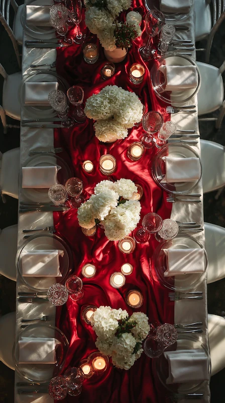 Top view wedding table with red satin runner white floral centerpieces candles and elegant place settings for reception