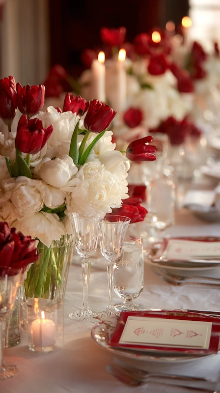 Red tulips and white peony wedding centerpieces with taper candles, crystal glassware, and elegant reception table setting