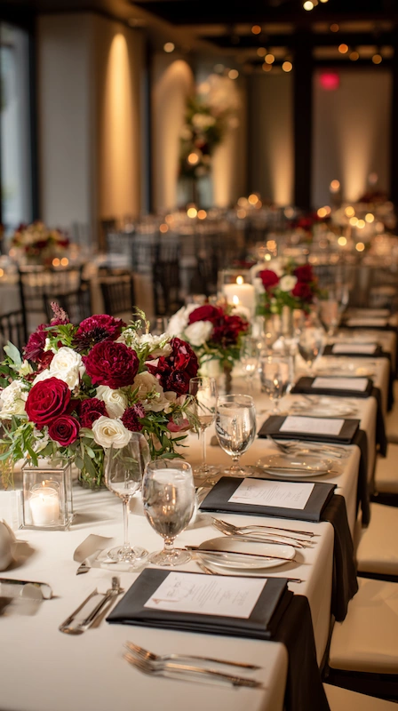 Elegant wedding reception table with red and white floral centerpieces, candles, and modern place settings in warm ambient lighting