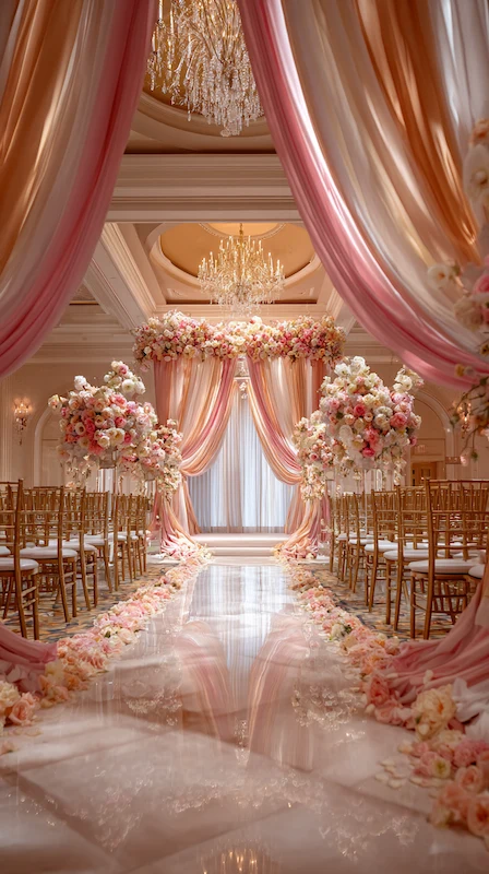 Romantic blush pink wedding ceremony aisle with draped silk arch, floral arrangements and crystal chandeliers in luxury ballroom