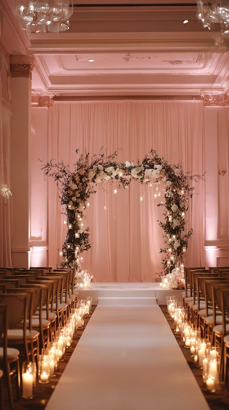 Romantic candlelit wedding ceremony aisle with floral arch, glowing string lights, and gold Chiavari chairs in elegant ballroom.