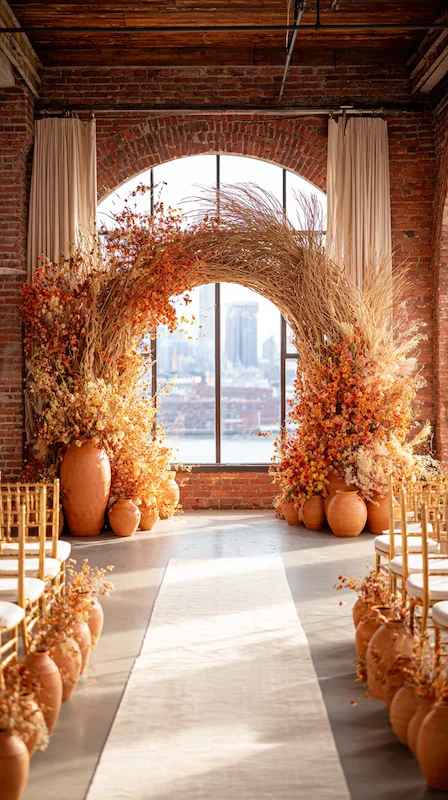 Rustic fall wedding ceremony aisle with woven rattan arch, dried florals and terracotta pots in industrial brick venue