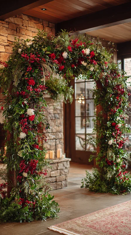 Rustic wedding ceremony arch covered in lush greenery, red berries, and white blooms set against a stone wall in a cozy indoor venue