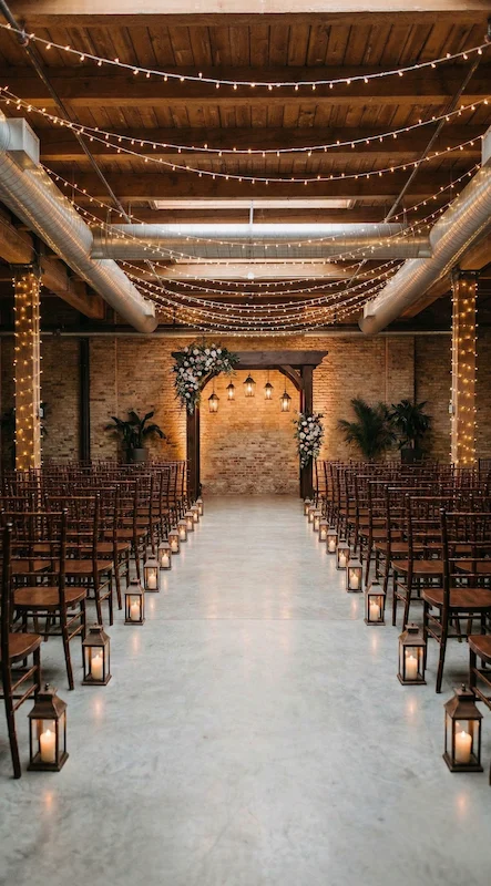 Rustic industrial wedding ceremony with string lights, brick wall backdrop, lantern-lined aisle, and wooden crossback chairs.