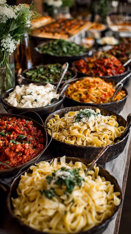 25 Wedding Pasta Bar Ideas Your Guests Will Obsess Over 18 Rustic wedding pasta bar with assorted pasta dishes, sauces, herbs, and serving spoons in dark bowls on a styled buffet table