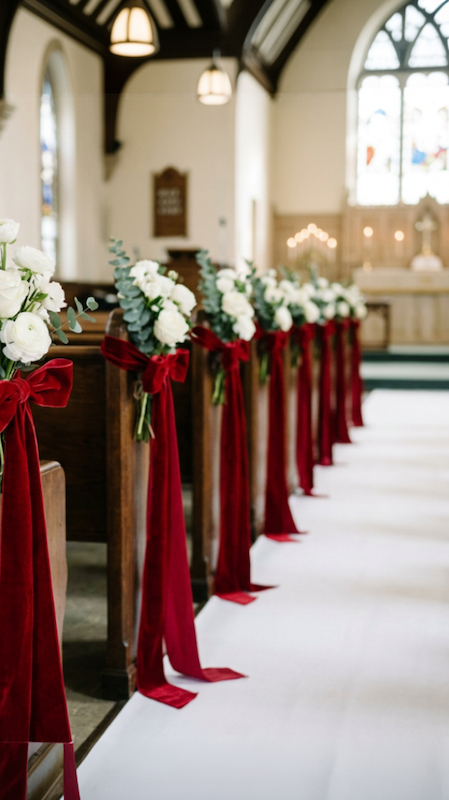 Church wedding aisle with white runner, pews decorated with white flowers and red ribbons, leading to altar with candlelight
