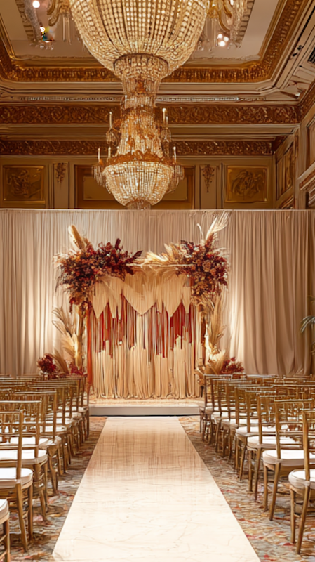 Luxury ballroom wedding ceremony aisle with gold chairs and dramatic floral arch under crystal chandelier in elegant venue