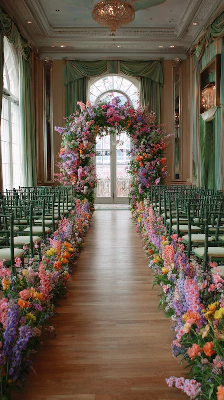 Wedding Arch Ideas represented by Spring garden wedding ceremony aisle with colorful flowers leading to a lush floral arch and green chairs in elegant ballroom