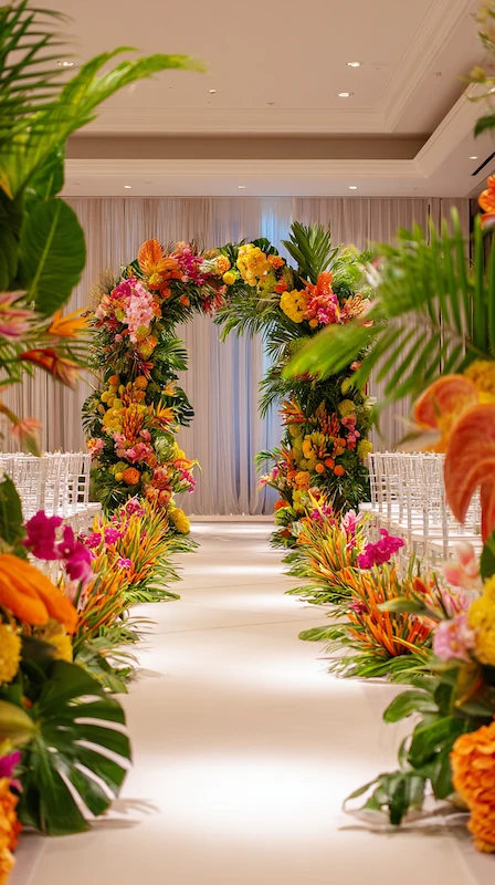 Tropical floral wedding arch with vibrant blooms and lush greenery lining aisle in elegant indoor ceremony setting backdrop set