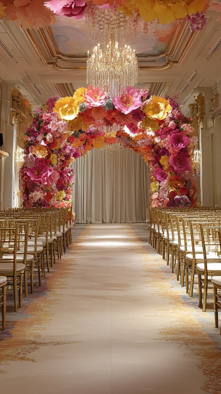 Grand ballroom wedding ceremony with vibrant floral arch, oversized paper flowers, crystal chandelier, and gold Chiavari chairs.