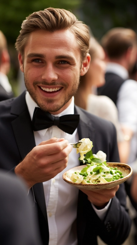 25 Wedding Pasta Bar Ideas Your Guests Will Obsess Over 13 Wedding guest in tuxedo enjoying pasta dish outdoors, smiling while holding plate and fork at elegant reception celebration