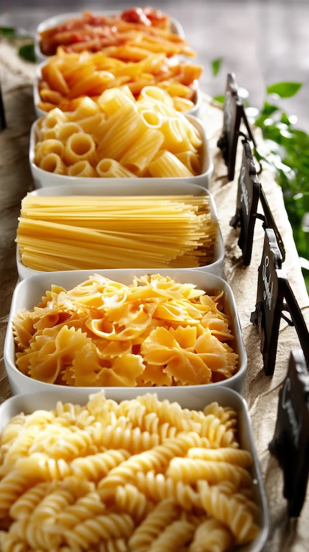 25 Wedding Pasta Bar Ideas Your Guests Will Obsess Over 7 Wedding pasta bar display with labeled bowls of different pasta shapes including penne, spaghetti and fusilli on rustic table