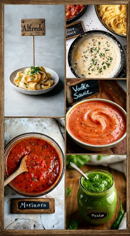 25 Wedding Pasta Bar Ideas Your Guests Will Obsess Over 8 Wedding pasta bar sauce selection including Alfredo, marinara, vodka sauce and pesto displayed with labeled signs and bowls