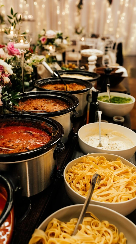25 Wedding Pasta Bar Ideas Your Guests Will Obsess Over 16 Wedding pasta bar with slow cookers holding sauces and bowls of fresh pasta set along candlelit reception table with florals