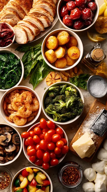 25 Wedding Pasta Bar Ideas Your Guests Will Obsess Over 9 Wedding pasta bar toppings display with shrimp, roasted vegetables, herbs, cheese and proteins arranged for custom pasta dishes
