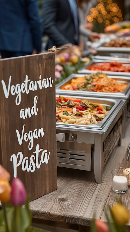 25 Wedding Pasta Bar Ideas Your Guests Will Obsess Over 20 Wedding pasta buffet with vegetarian and vegan options, chafing dishes, rustic sign, and candlelight on a styled table