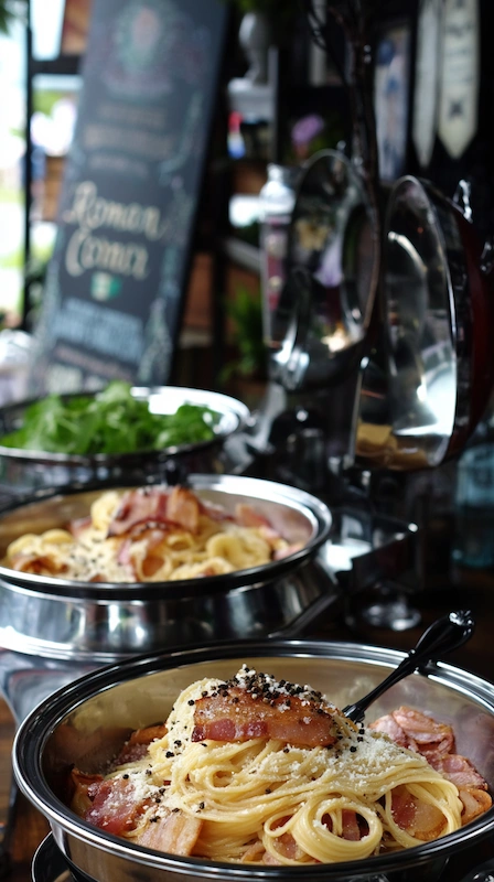 25 Wedding Pasta Bar Ideas Your Guests Will Obsess Over 10 Wedding pasta station with carbonara and cacio e pepe in chafing dishes, elegant buffet setup with chef prepared Italian dishes