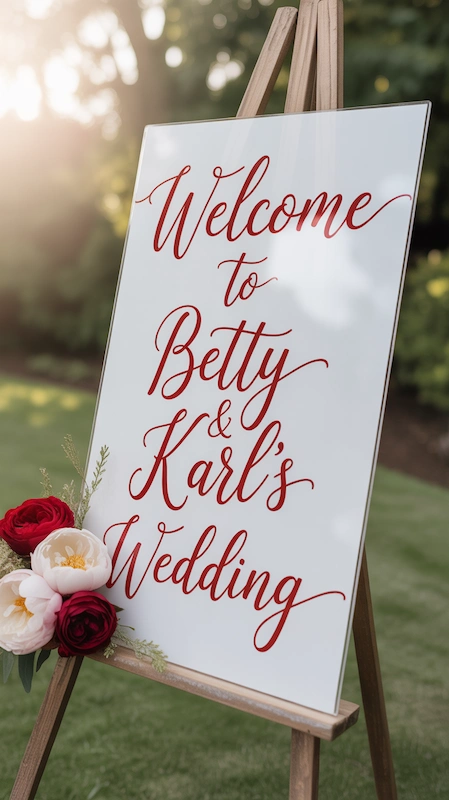Elegant white acrylic wedding welcome sign with red script lettering on easel accented with red and white flowers outdoors