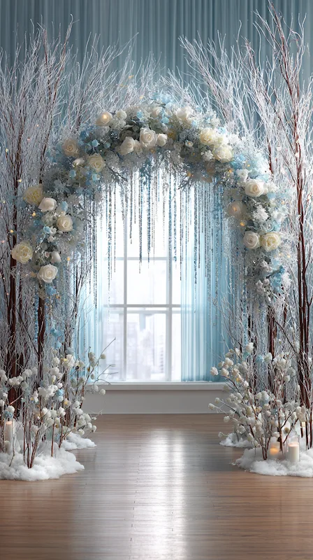 Winter wonderland wedding ceremony arch with icy blue and white florals, frosted branches, and snowy aisle décor.