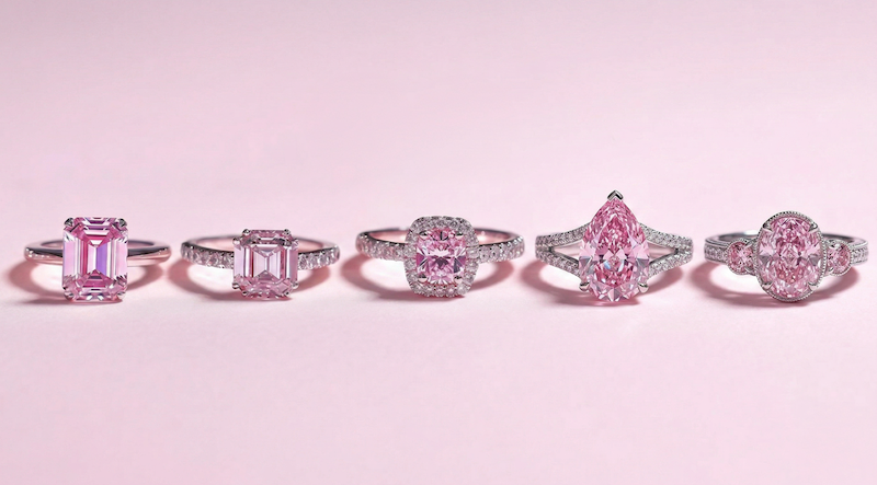 Engagement Rings 5 Five pink diamond engagement rings in different cuts displayed on a soft blush background with delicate pavé bands