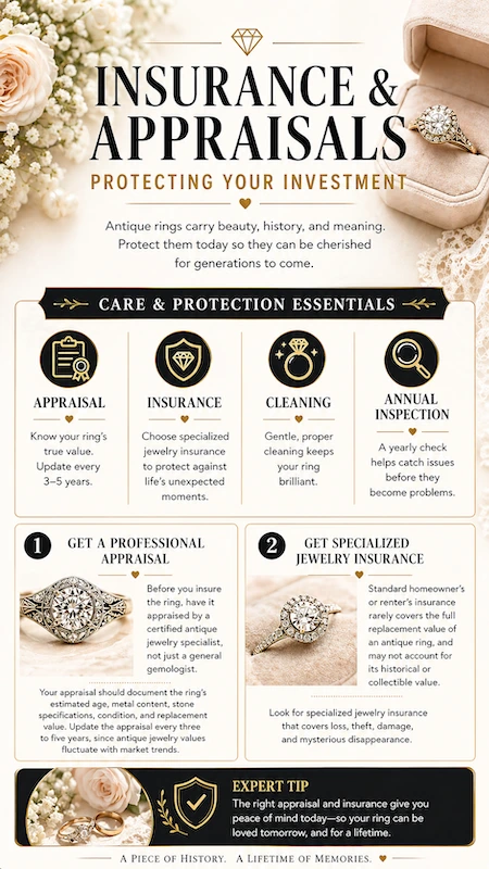 Antique and Vintage Engagement Rings: The Complete Buyer's Guide 15 Insurance and appraisal infographic for antique engagement rings covering valuation, cleaning, inspection and protection tips
