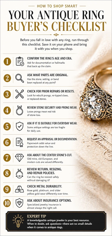 Antique and Vintage Engagement Rings: The Complete Buyer's Guide 13 Antique ring buyer checklist infographic with 10 tips on age, originality, repairs, prongs, appraisal, cut, sizing and insurance