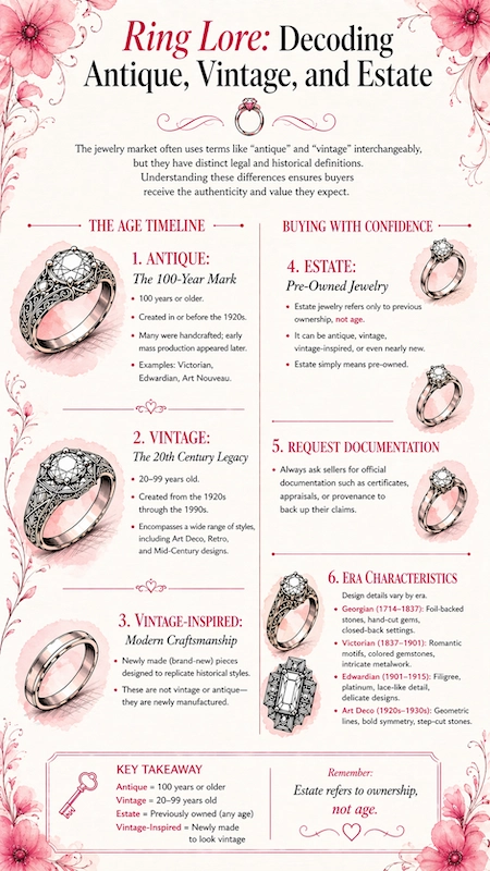 Antique and Vintage Engagement Rings: The Complete Buyer's Guide 2 Infographic explaining antique, vintage, and estate rings with timeline, definitions, and era characteristics in pink floral design