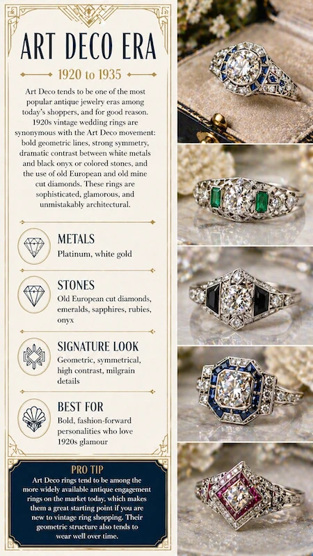 Antique and Vintage Engagement Rings: The Complete Buyer's Guide 8 Art Deco engagement ring infographic with geometric designs, platinum settings, diamonds, emeralds, sapphires and onyx