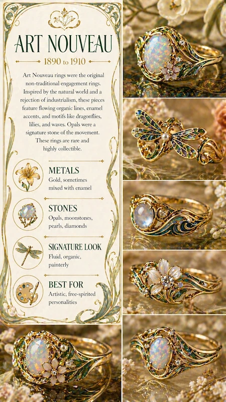 Antique and Vintage Engagement Rings: The Complete Buyer's Guide 7 Art Nouveau engagement ring infographic with opals, enamel details, floral motifs, flowing gold lines and nature designs