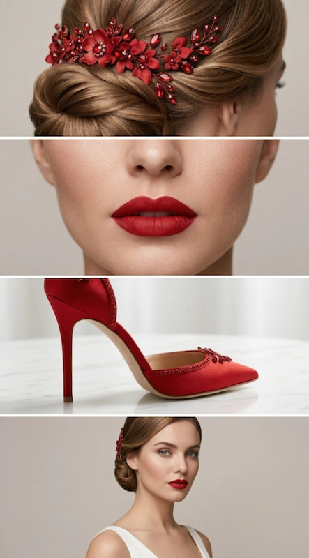 Bridal details collage with red floral hairpiece, bold red lipstick, red heels, and elegant bridal look with sleek updo