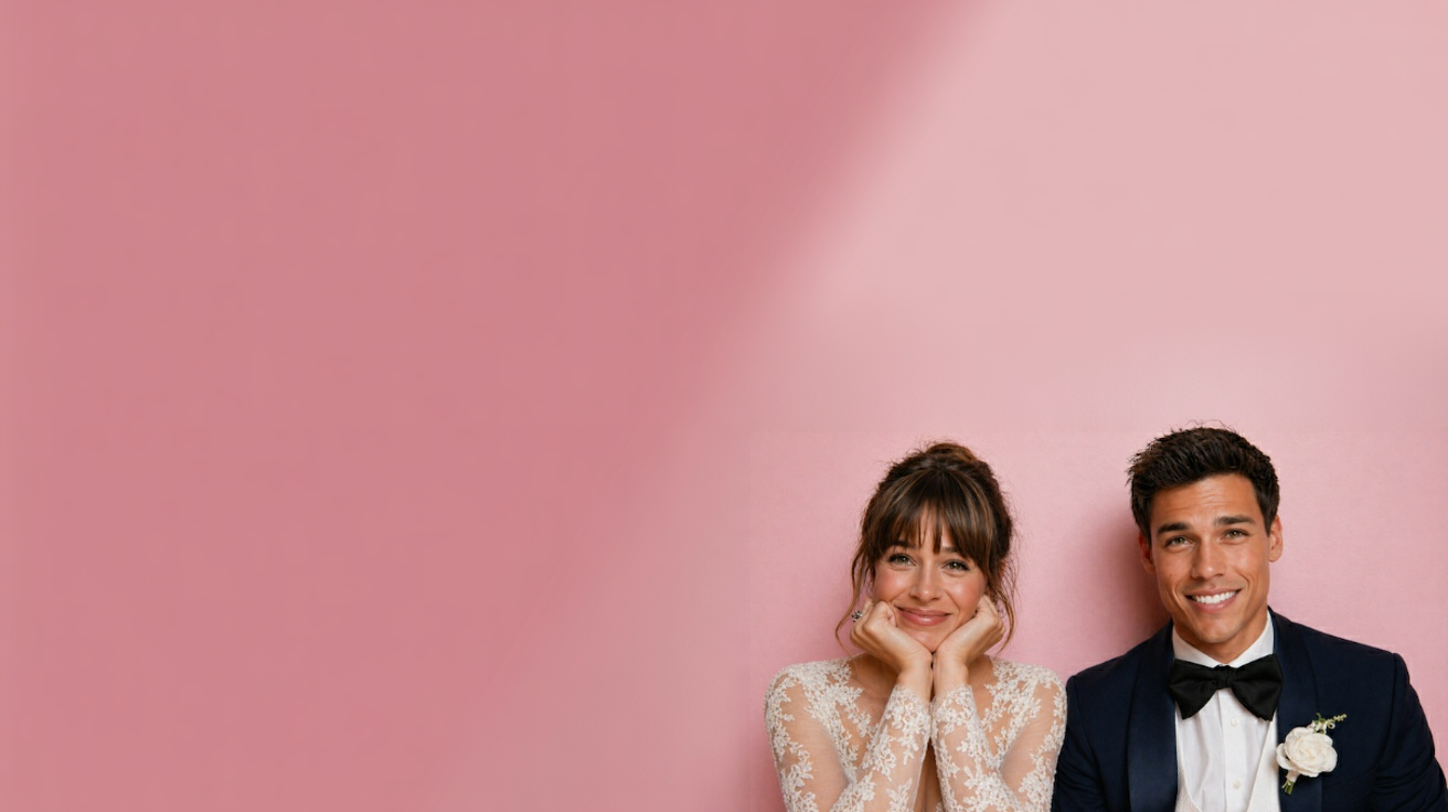 Bride in lace wedding dress and groom in navy tuxedo smiling at camera on pink backdrop, modern romantic wedding portrait for wedding planning