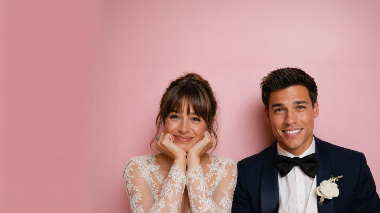 Bride in lace wedding dress and groom in navy tuxedo smiling at camera on pink backdrop, modern romantic wedding portrait for wedding planning
