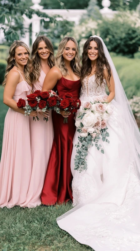 Bride in lace gown with veil and blush bouquet beside bridesmaids in pink and red dresses holding red rose bouquets outdoors